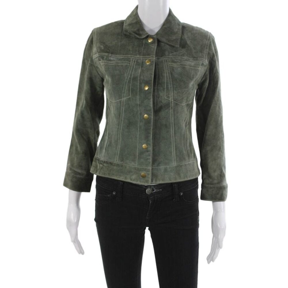 Anonymous John Carlisle Womens Petite Green Leather Jacket Army Size XS